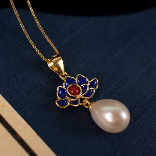 Blue Lotus & Pearl Drop Necklace