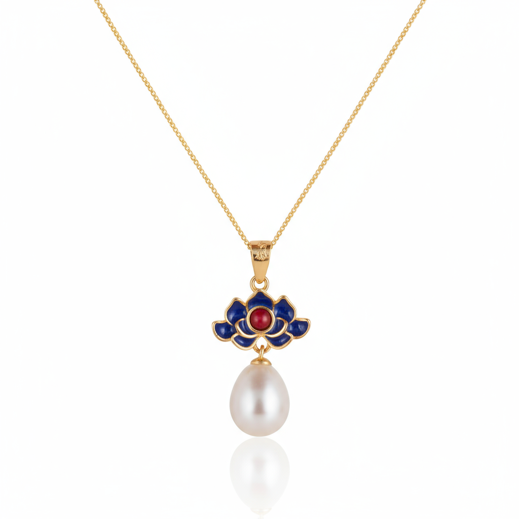 Blue Lotus & Pearl Drop Necklace