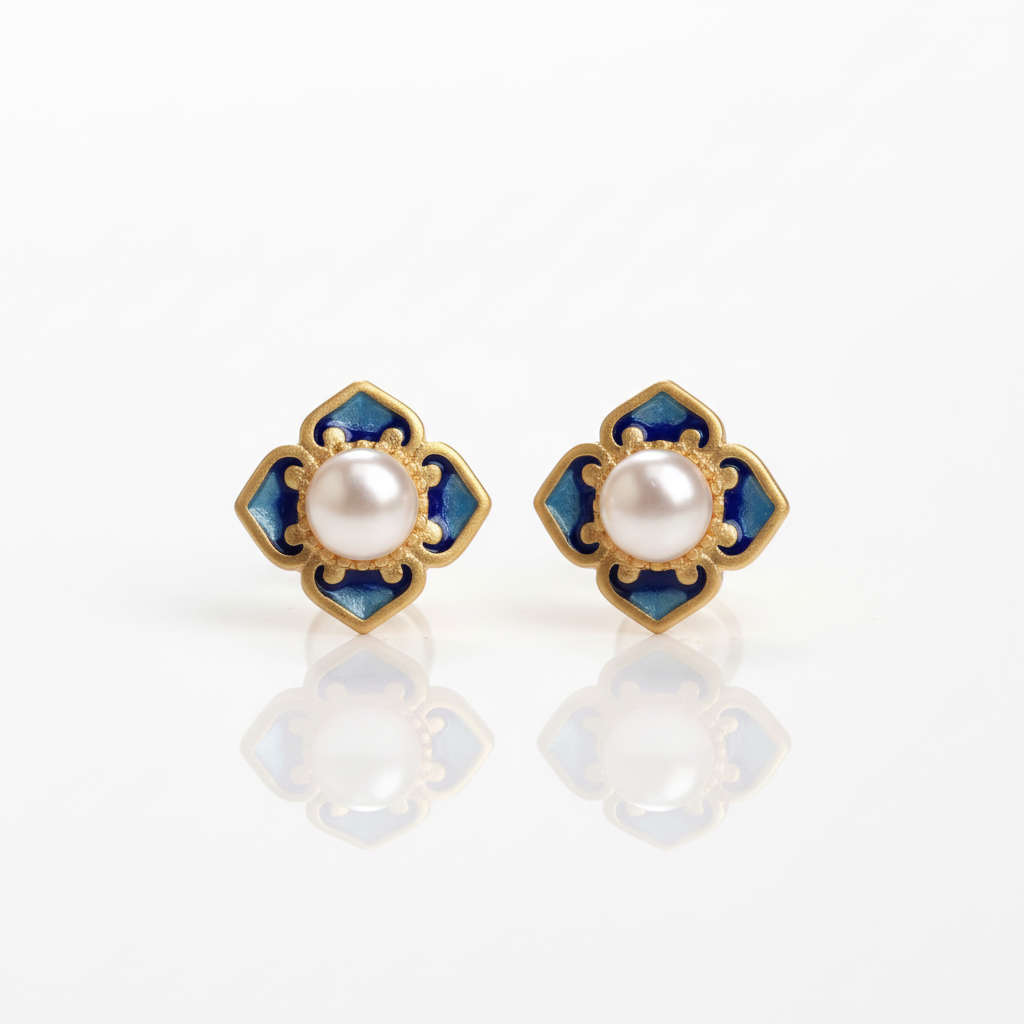 Imperial Emblem Pearl Stud Earrings