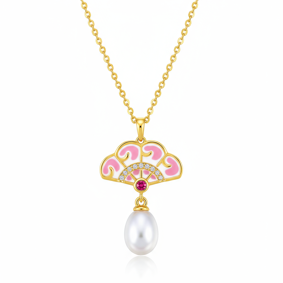 Pink Fan and Freshwater Pearl Necklace