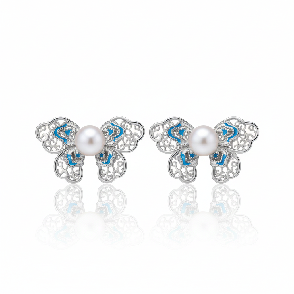 Enamel Butterfly Pearl Stud Earrings