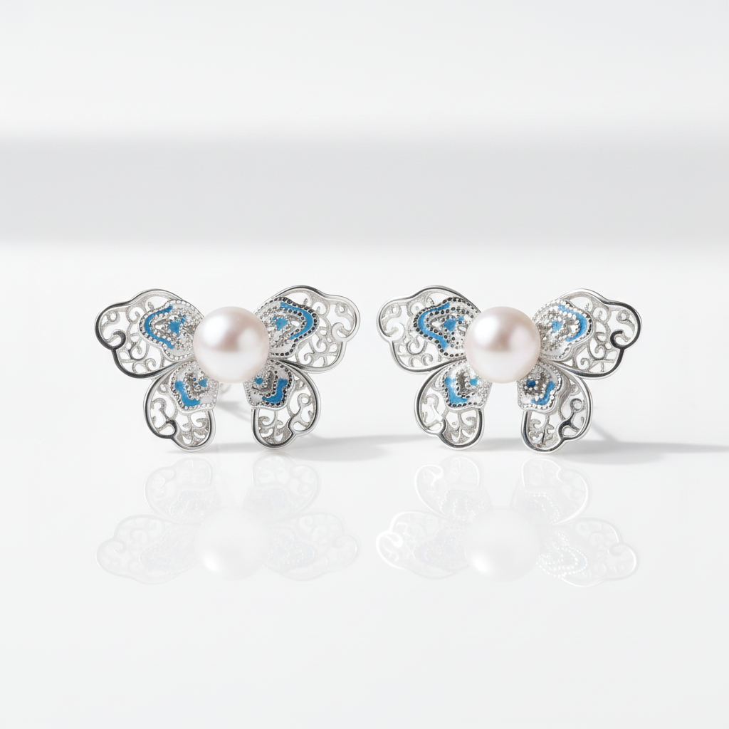 Enamel Butterfly Pearl Stud Earrings