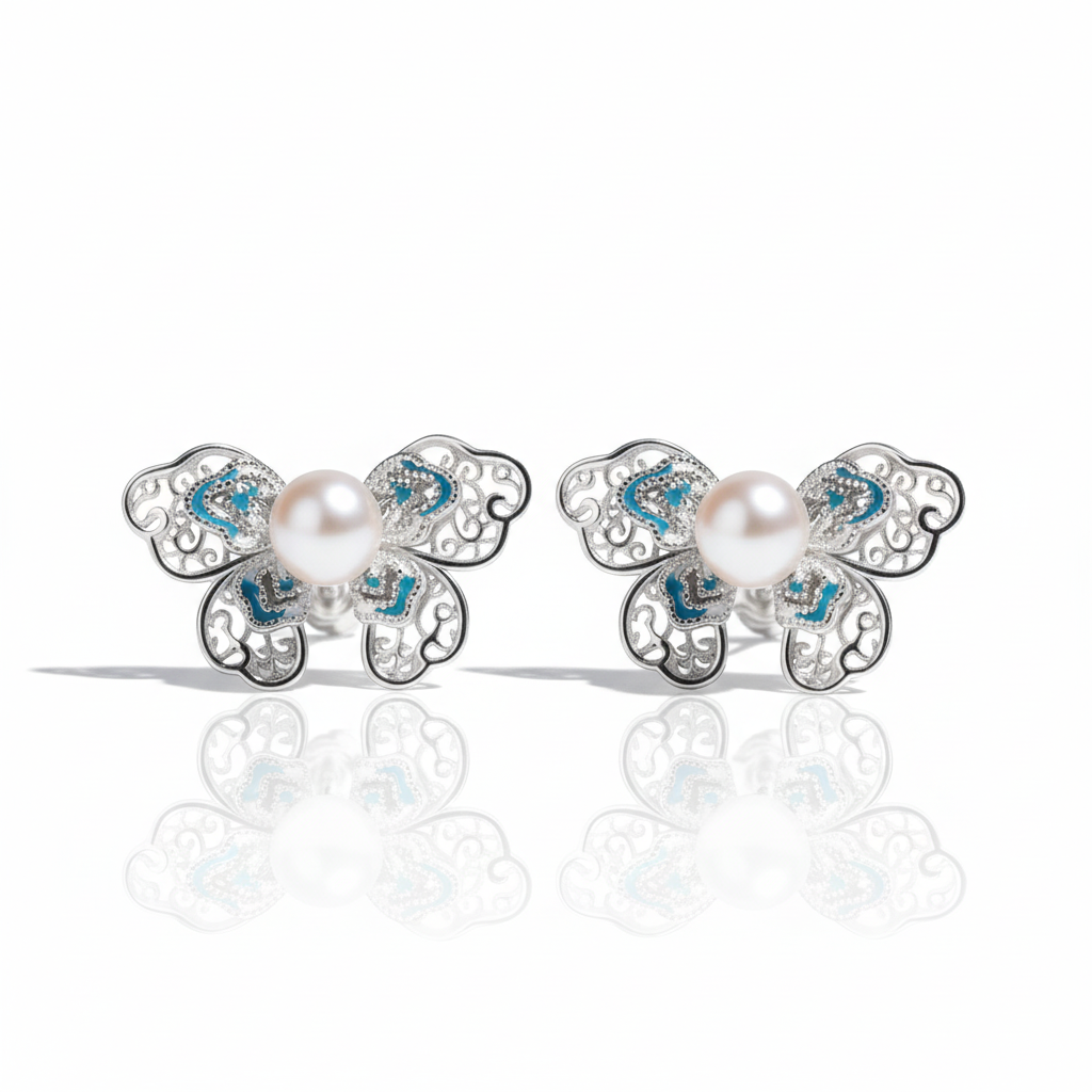 Enamel Butterfly Pearl Stud Earrings