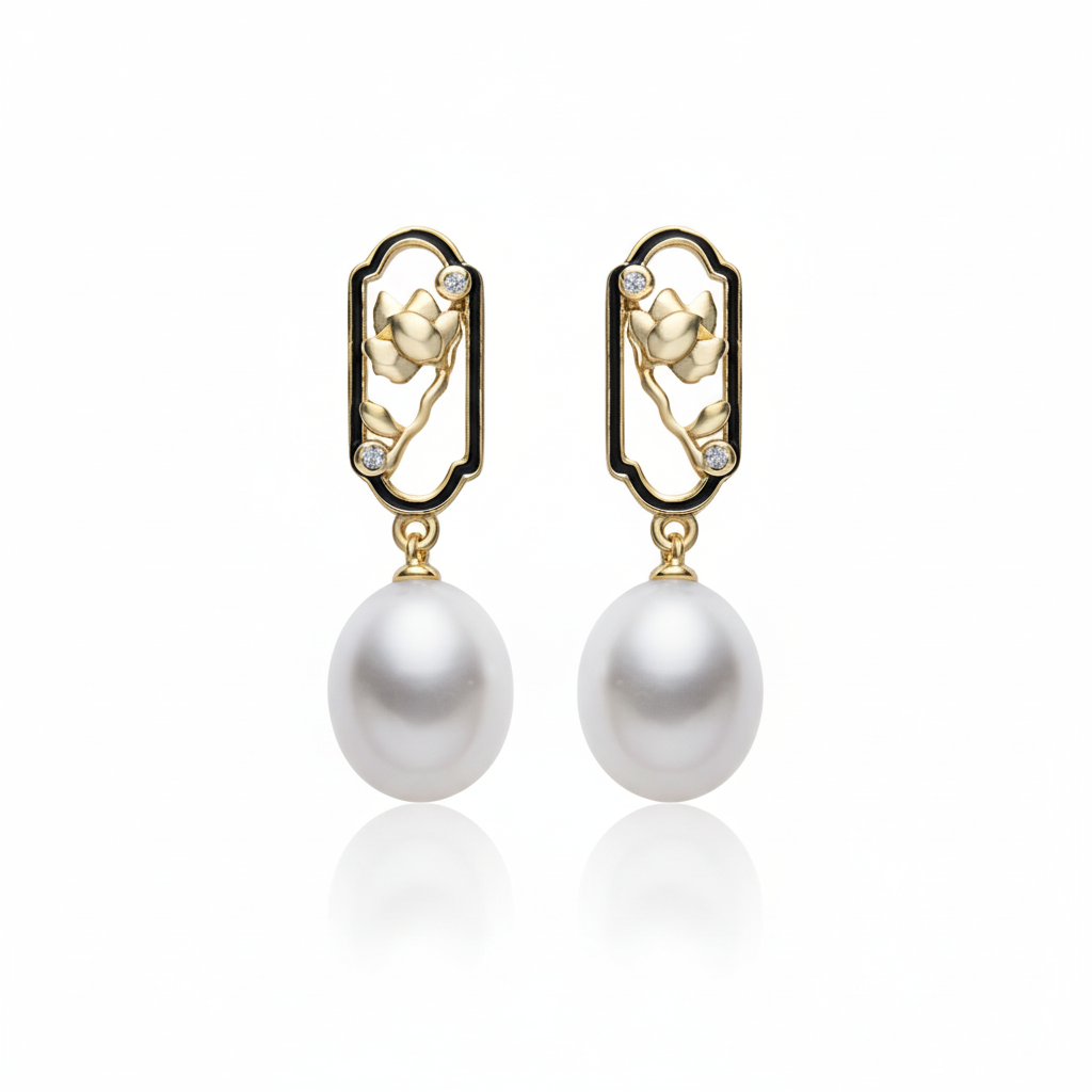 Lotus Frame Freshwater Pearl Drop Earrings