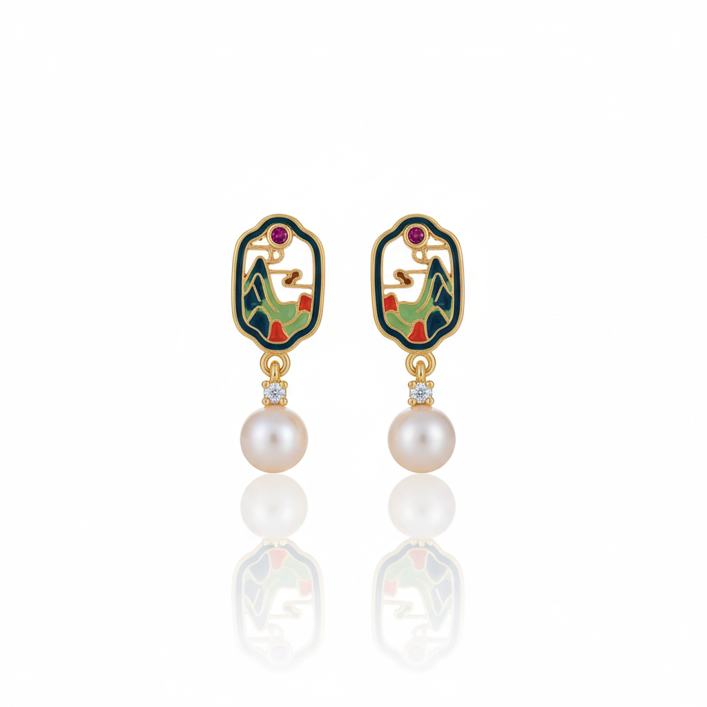 Chinese Landscape Pearl Drop Earrings