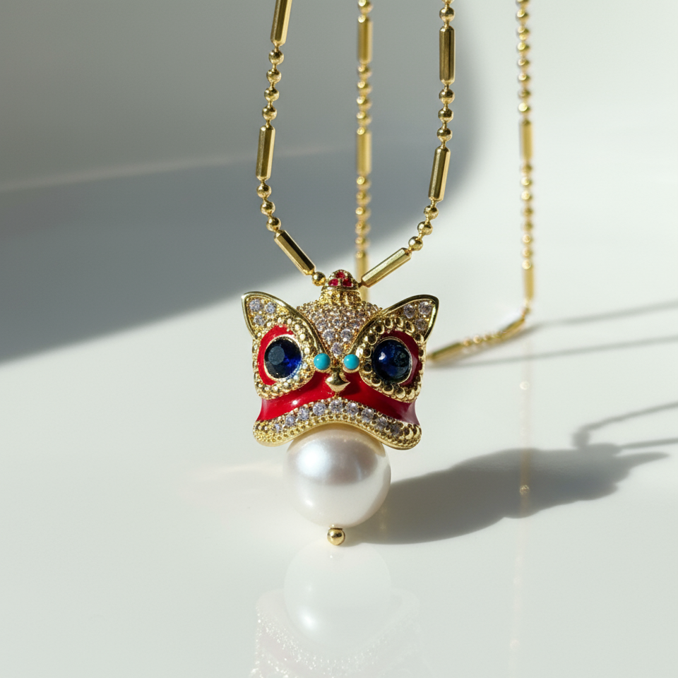 Lion Dance Gold Pearl Necklace