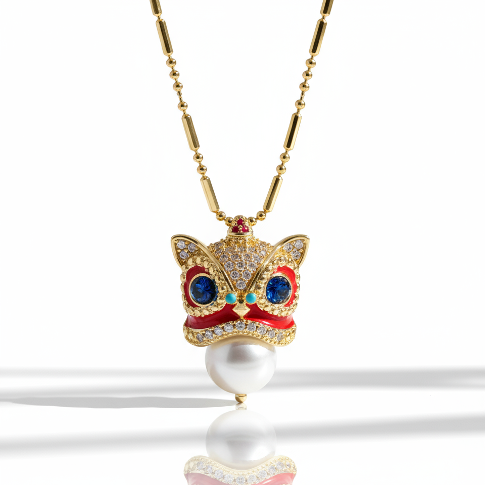 Lion Dance Gold Pearl Necklace