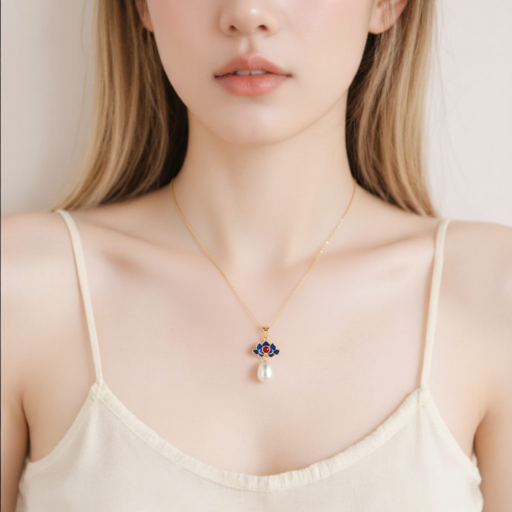 Blue Lotus & Pearl Drop Necklace