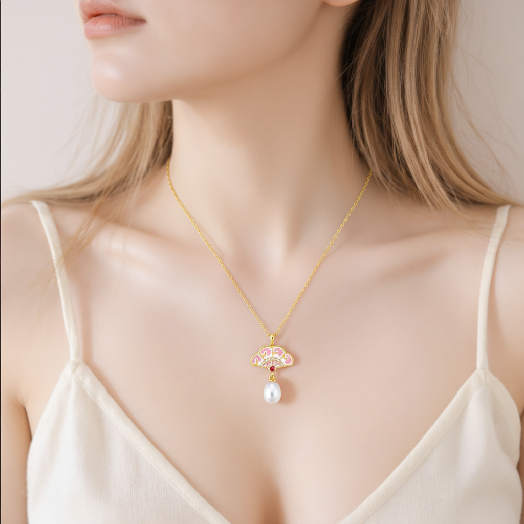 Pink Fan and Freshwater Pearl Necklace