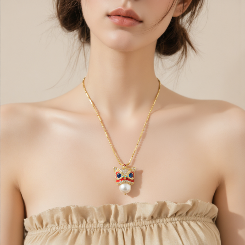 Lion Dance Gold Pearl Necklace