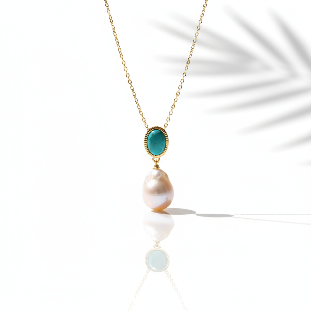 Turquoise and Freshwater Pearl Drop Necklace