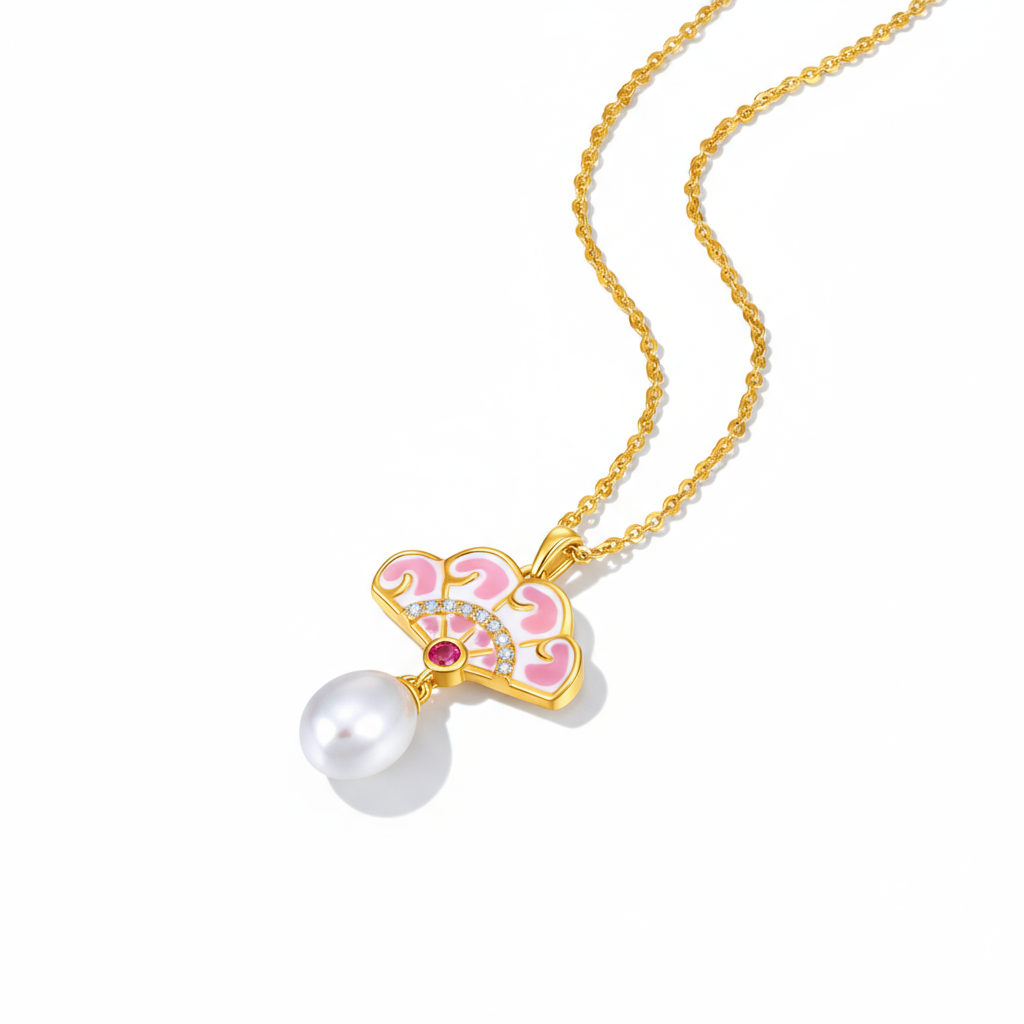 Pink Fan and Freshwater Pearl Necklace