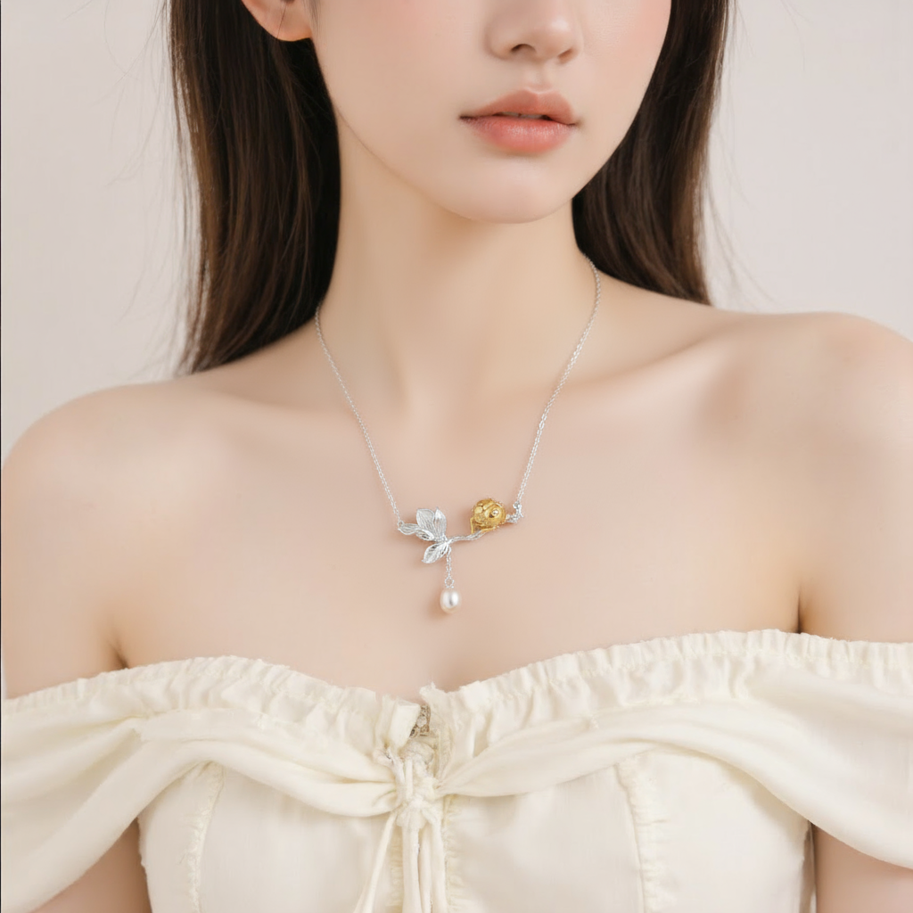 Ladybug on Leaf Freshwater Pearl Necklace