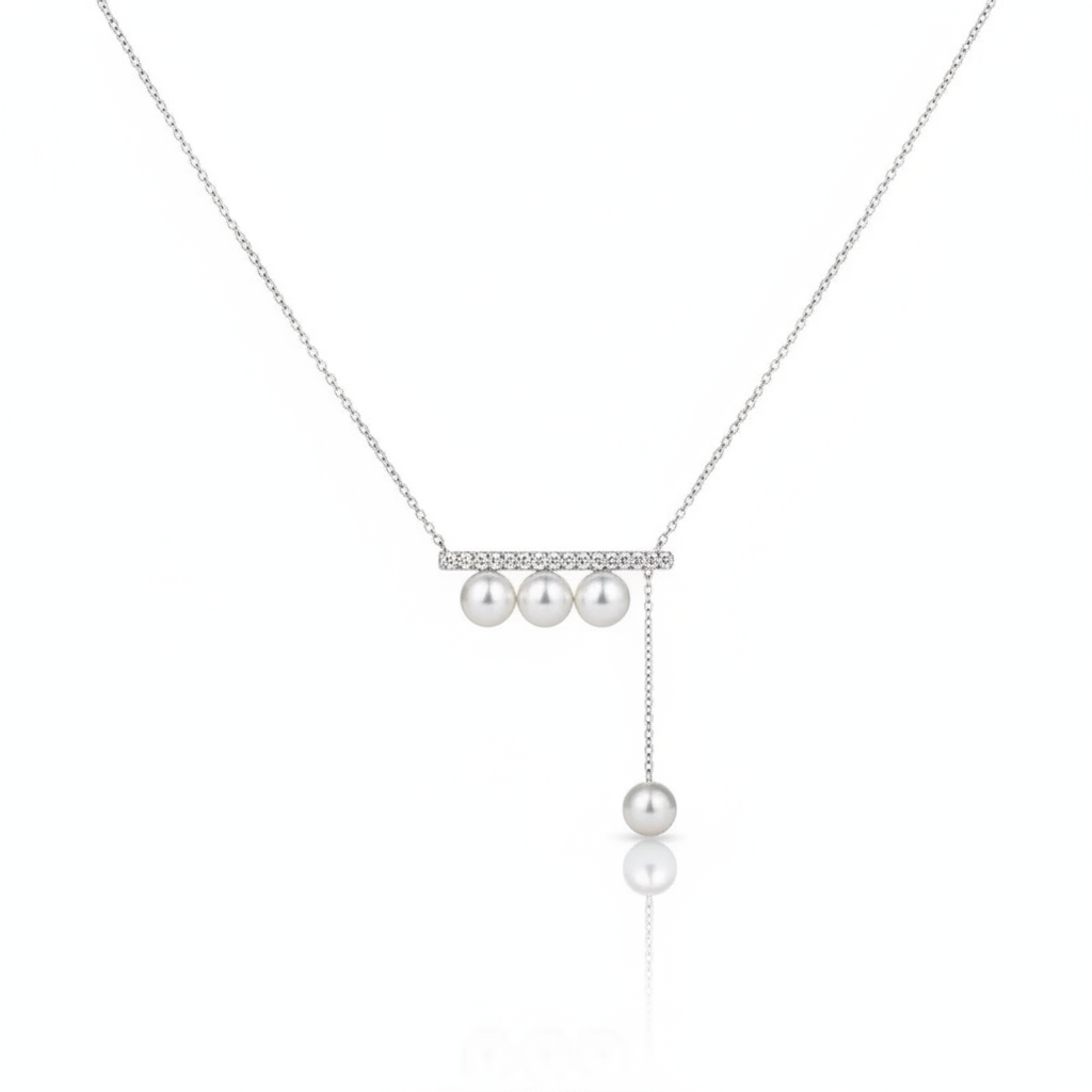 Pearl Cascade Bar Necklace – Silver Drop Pendant with Crystals