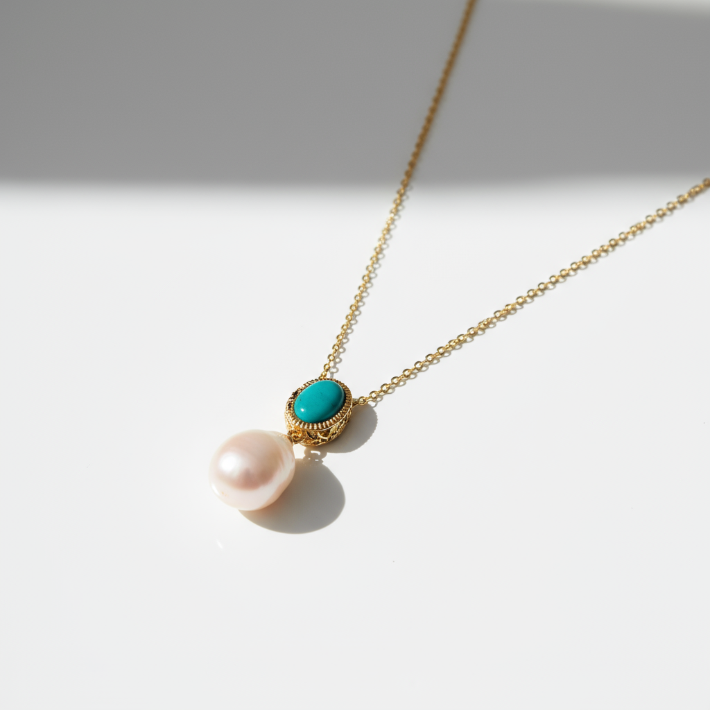 Turquoise and Freshwater Pearl Drop Necklace
