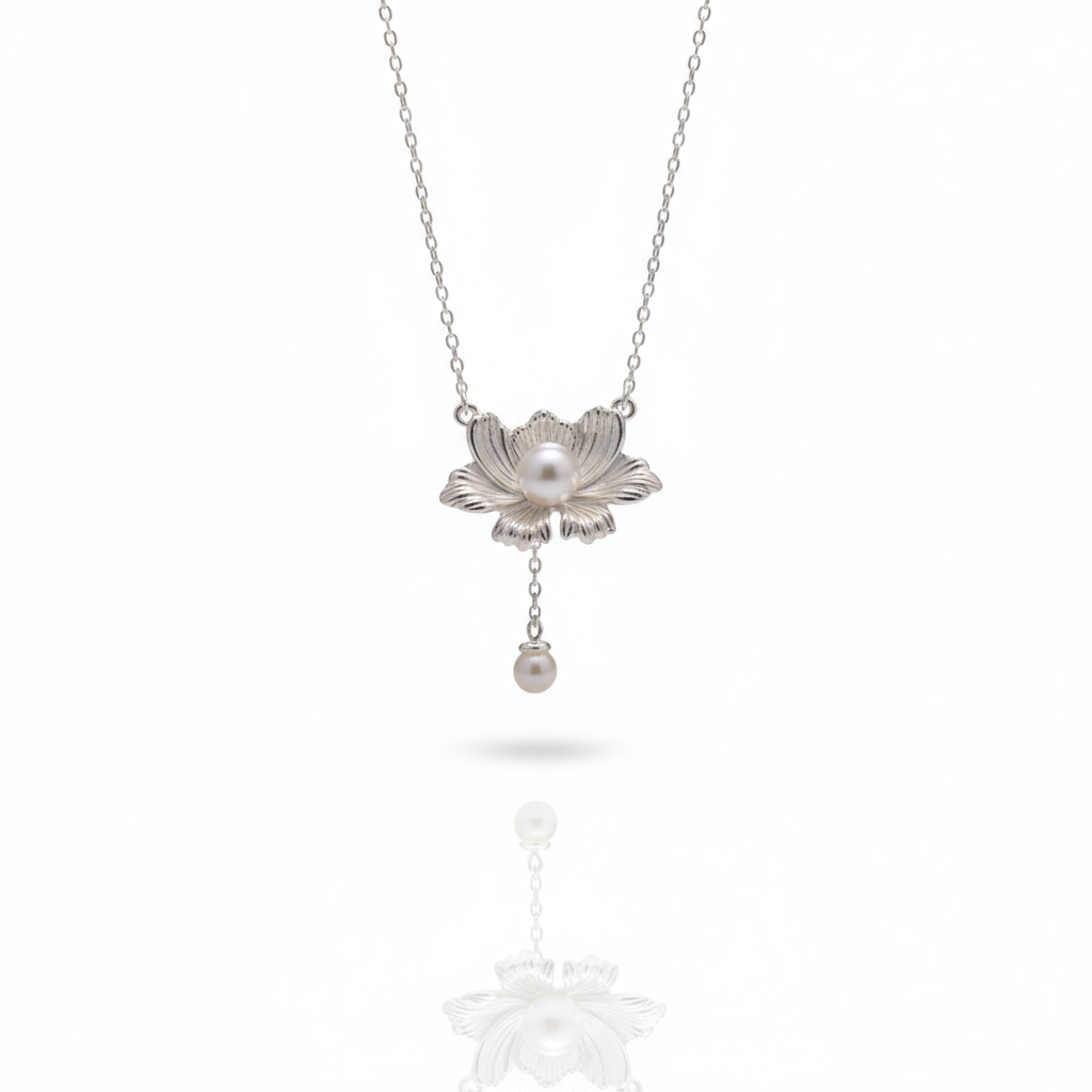 Silver Peony and Freshwater Pearl Pendant Necklace