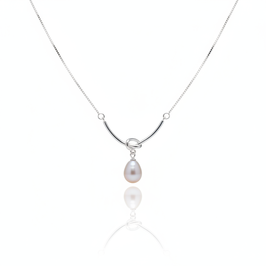 Knot of Grace – Teardrop Pearl Pendant Necklace in Silver