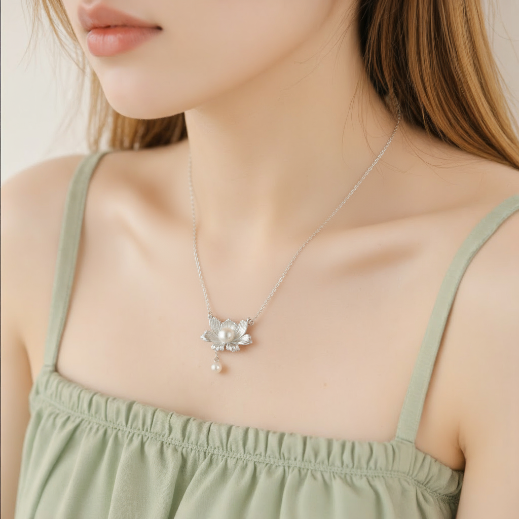 Silver Peony and Freshwater Pearl Pendant Necklace