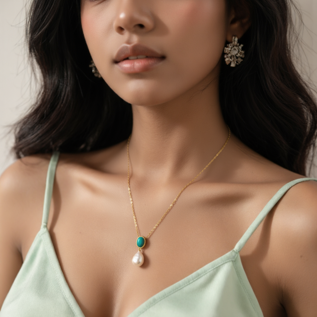 Turquoise and Freshwater Pearl Drop Necklace