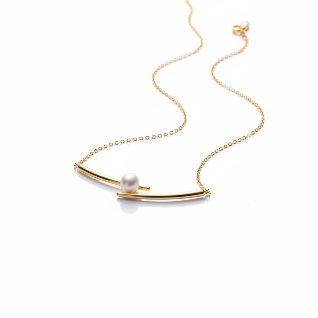 Minimalist Gold Pearl Necklace – Modern Curved Bar Design