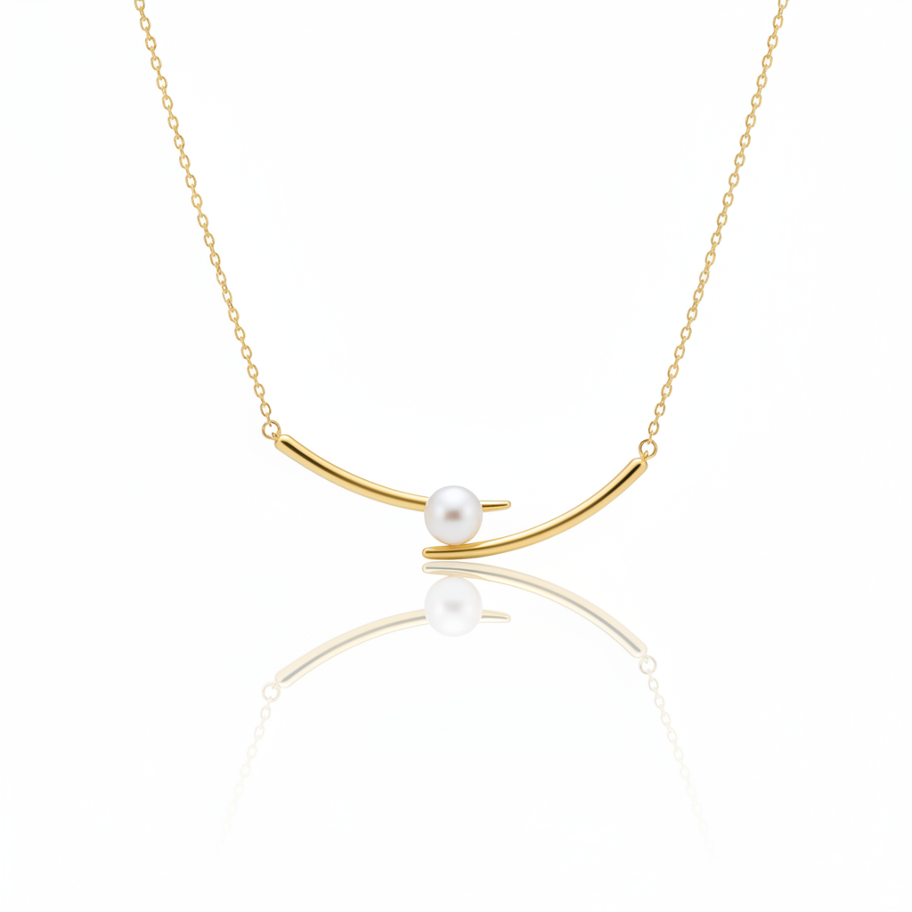 Minimalist Gold Pearl Necklace – Modern Curved Bar Design