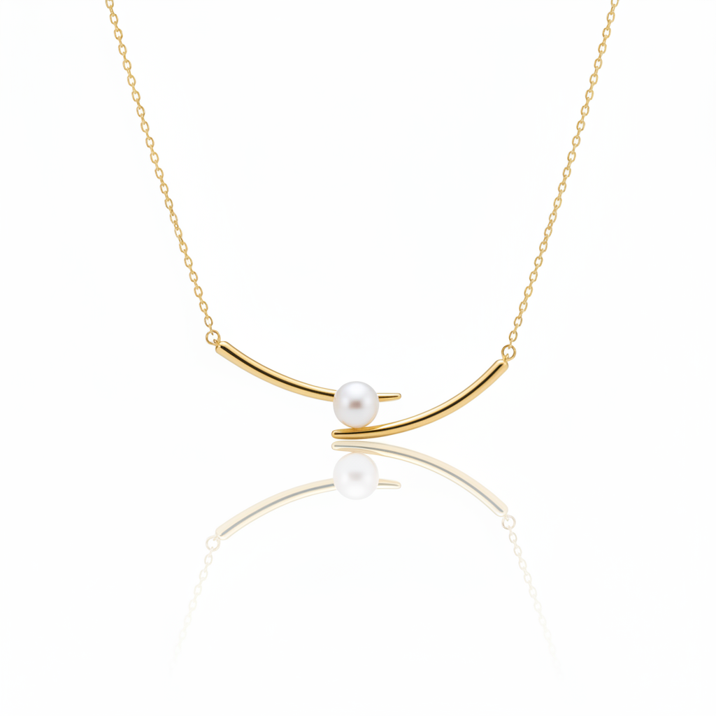 Minimalist Gold Pearl Necklace – Modern Curved Bar Design