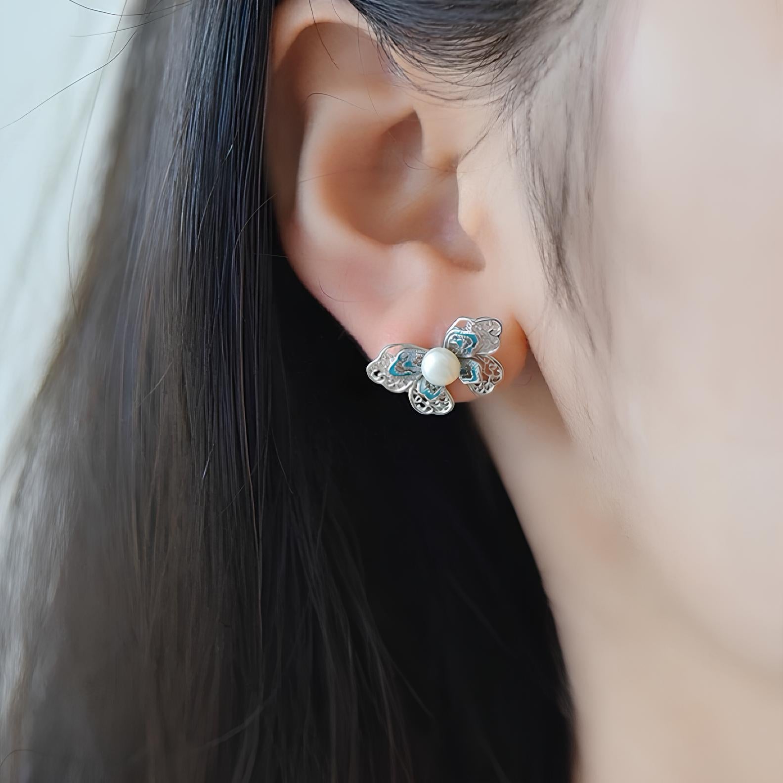 Enamel Butterfly Pearl Stud Earrings