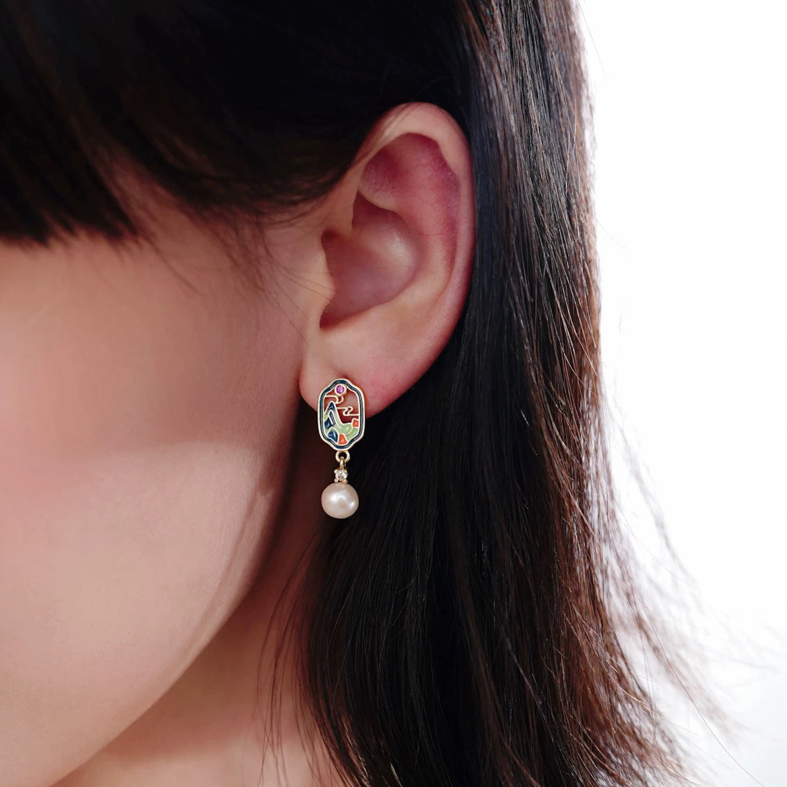 Chinese Landscape Pearl Drop Earrings
