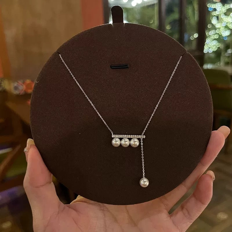 Pearl Cascade Bar Necklace – Silver Drop Pendant with Crystals