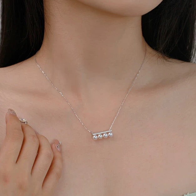 Pearl Cascade Bar Necklace – Silver Drop Pendant with Crystals